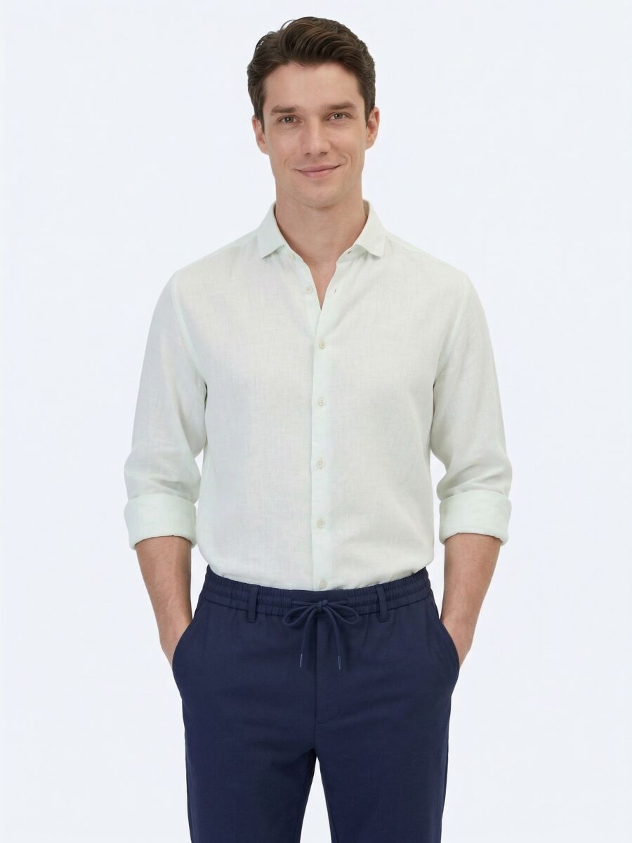 See Green Plain Regular Fit Long Weaving Casual Cotton Blended Shirt - 1