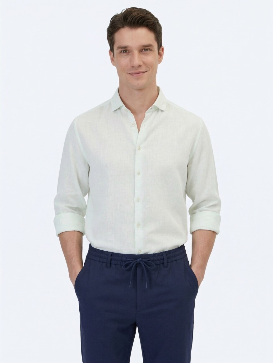 See Green Plain Regular Fit Weaving Casual Cotton Blended Shirt 