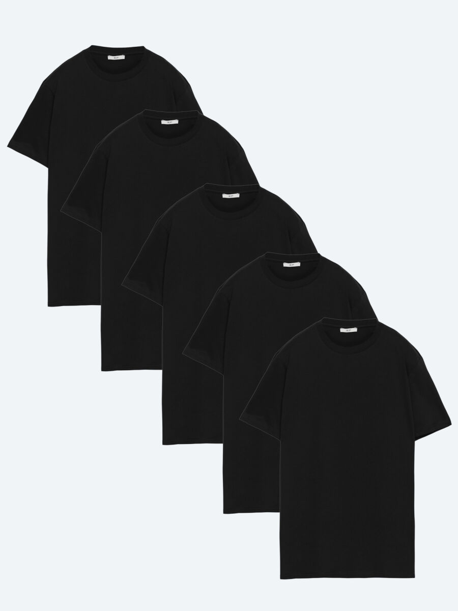 Siyah 5'li Düz %100 Pamuk T-Shirt - 1