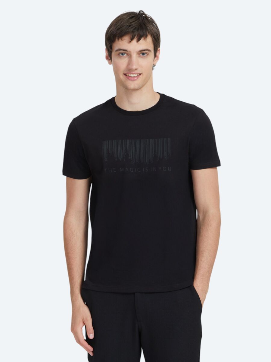 Siyah Baskılı Bisiklet Yaka %100 Pamuk T-Shirt - 1