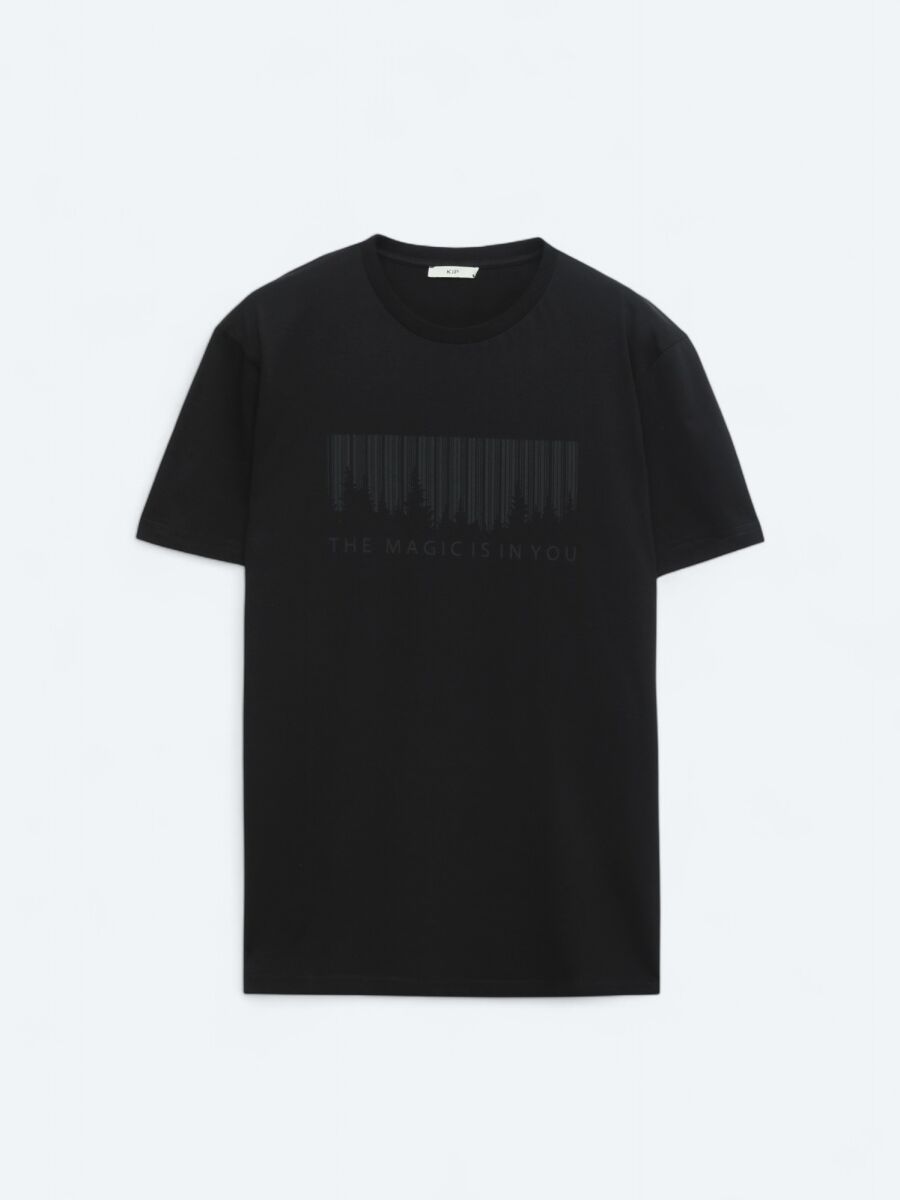 Siyah Baskılı Bisiklet Yaka %100 Pamuk T-Shirt - 5