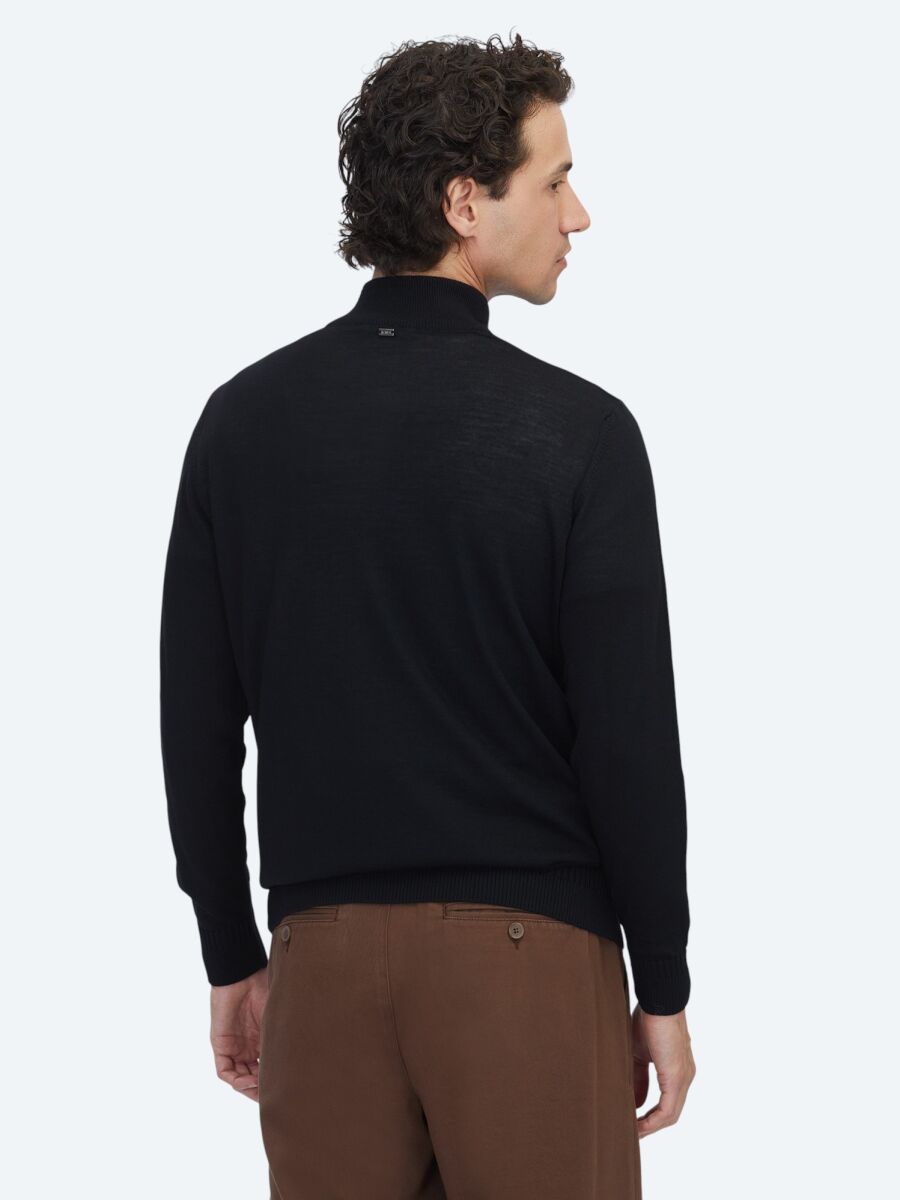 Siyah Bato Yaka Jakarlı Yün Karışımlı Triko Kazak - 6