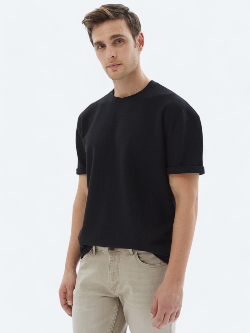 Siyah Bisiklet Yaka %100 Pamuk T-Shirt - 1