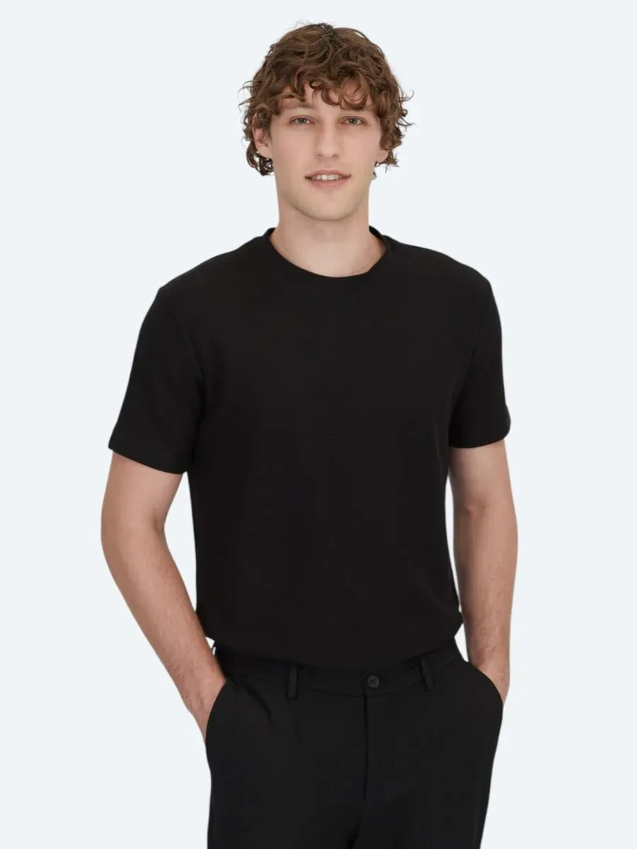 Siyah Bisiklet Yaka %100 Pamuk T-Shirt - 1