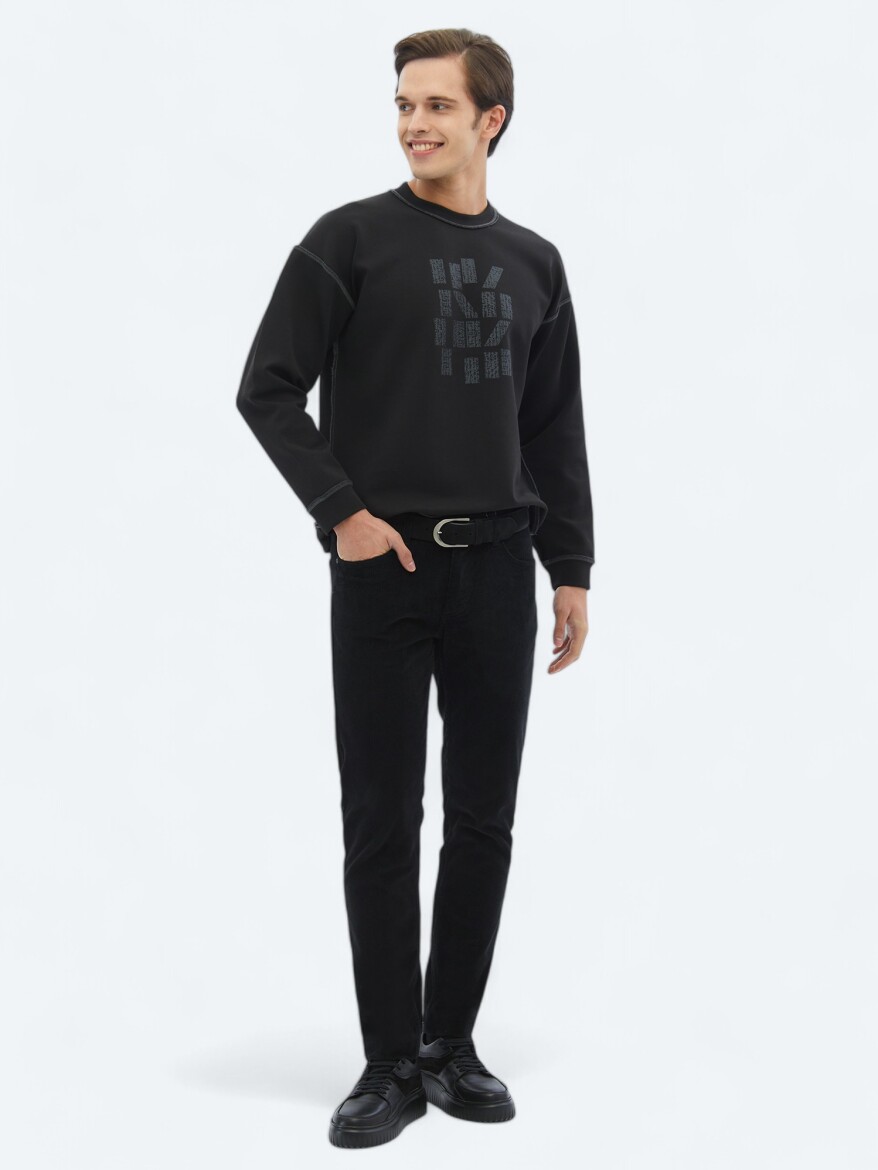 Siyah Bisiklet Yaka Baskılı Çift Taraflı Sweatshırt - 3