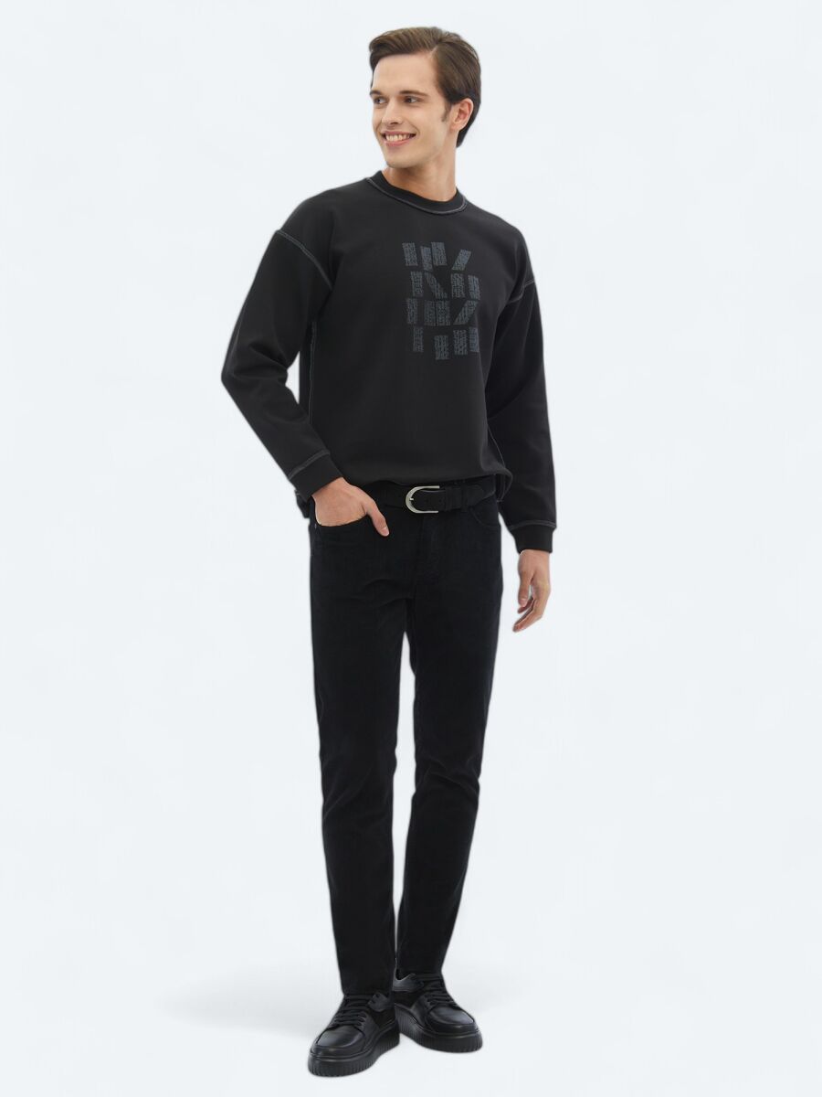 Siyah Bisiklet Yaka Baskılı Çift Taraflı Sweatshırt - 3