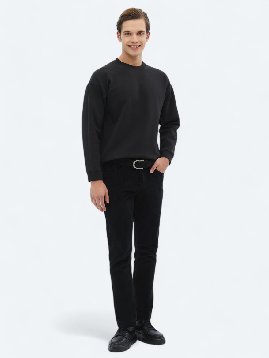 Siyah Bisiklet Yaka Baskılı Çift Taraflı Sweatshırt - 4