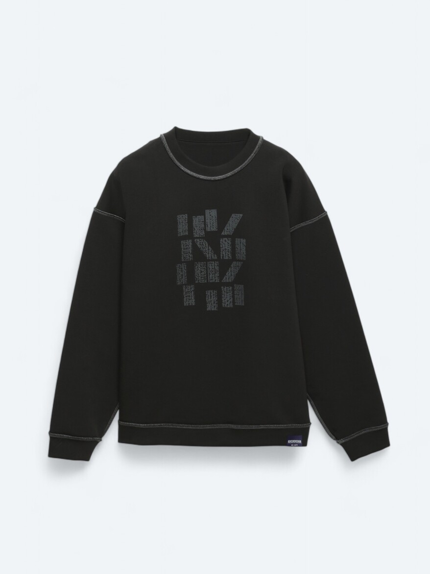 Siyah Bisiklet Yaka Baskılı Çift Taraflı Sweatshırt - 11