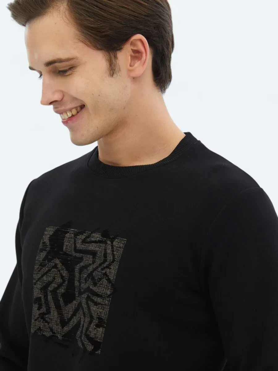 Siyah Bisiklet Yaka Baskılı Sweatshırt - 4