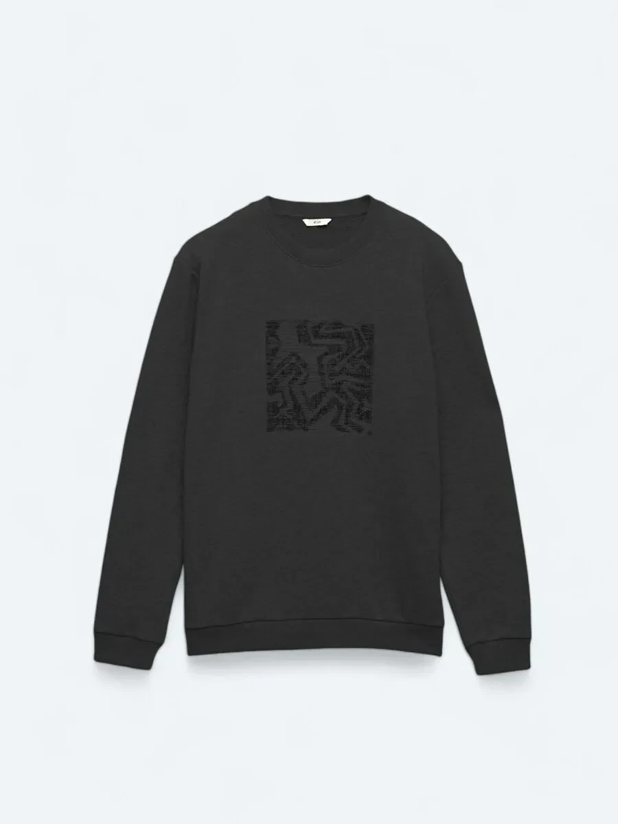 Siyah Bisiklet Yaka Baskılı Sweatshırt - 7