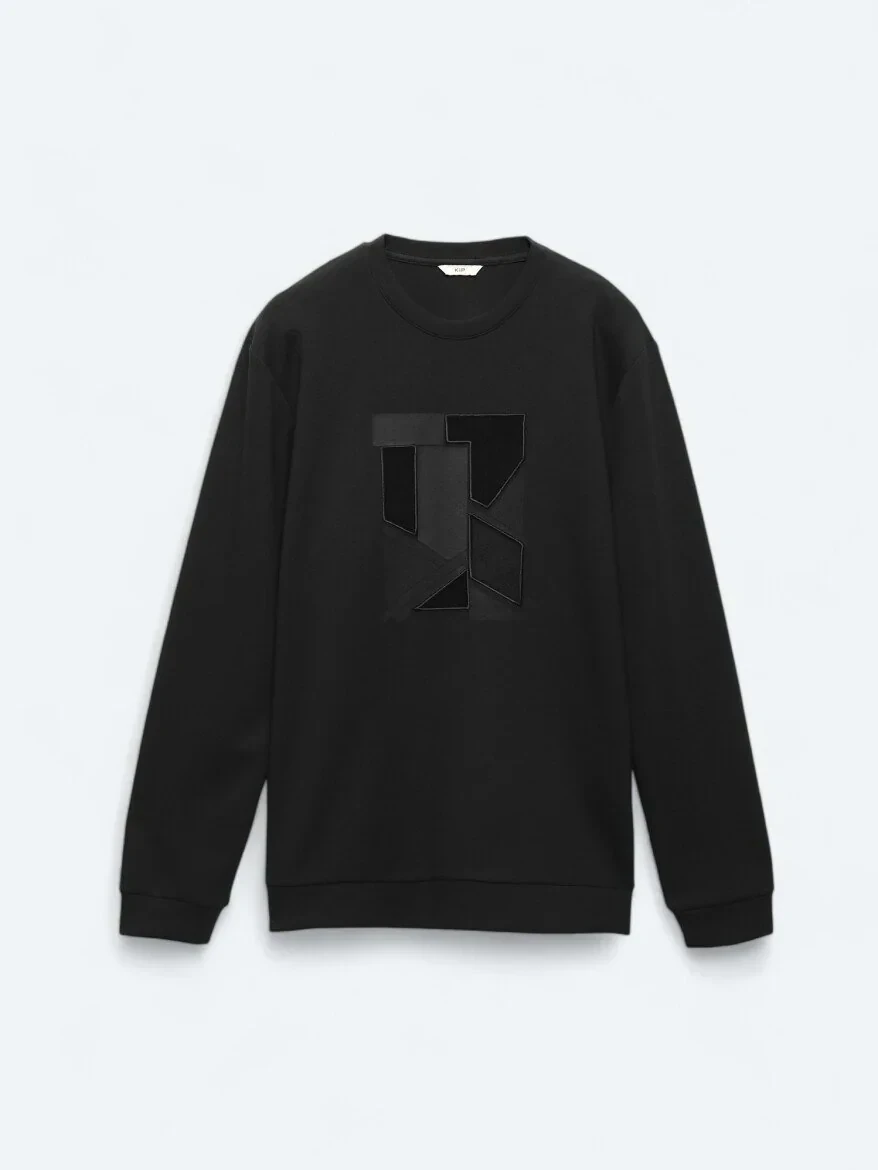 Siyah Bisiklet Yaka Baskılı Sweatshırt - 5