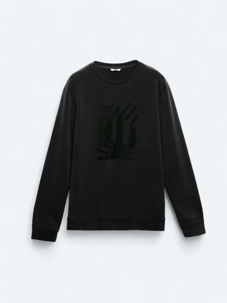 Siyah Bisiklet Yaka Baskılı Sweatshırt - 6