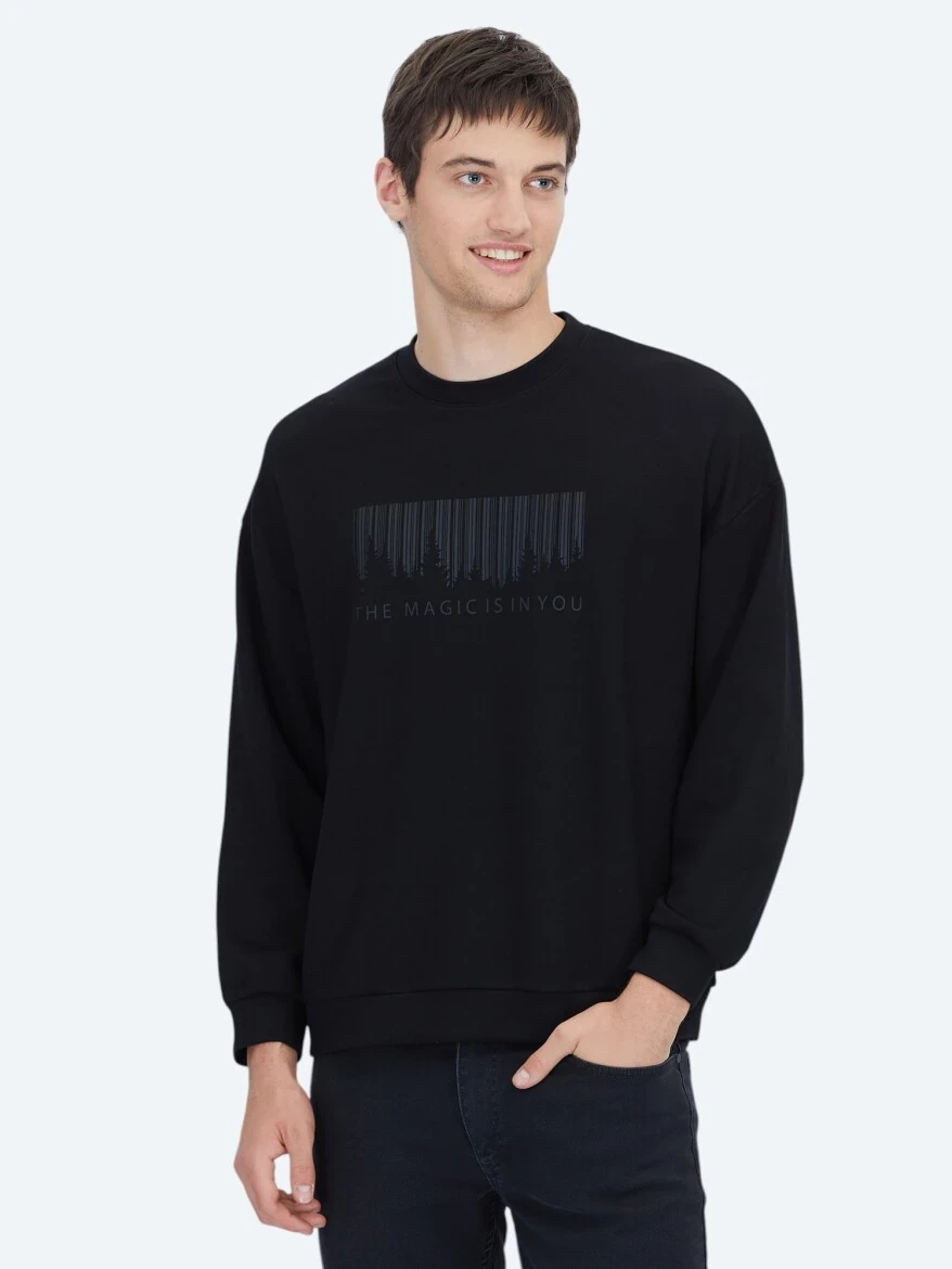 Siyah Bisiklet Yaka Baskılı Sweatshırt - 1