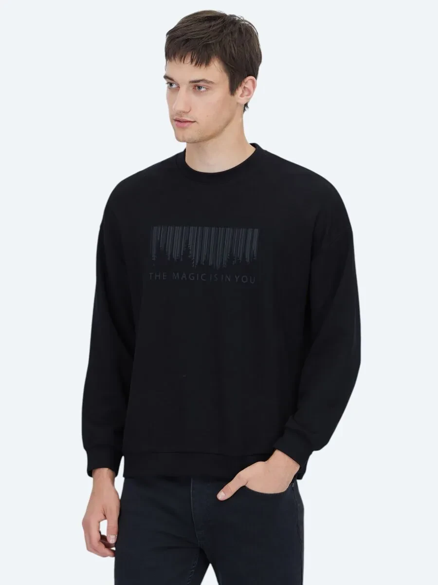 Siyah Bisiklet Yaka Baskılı Sweatshırt - 3