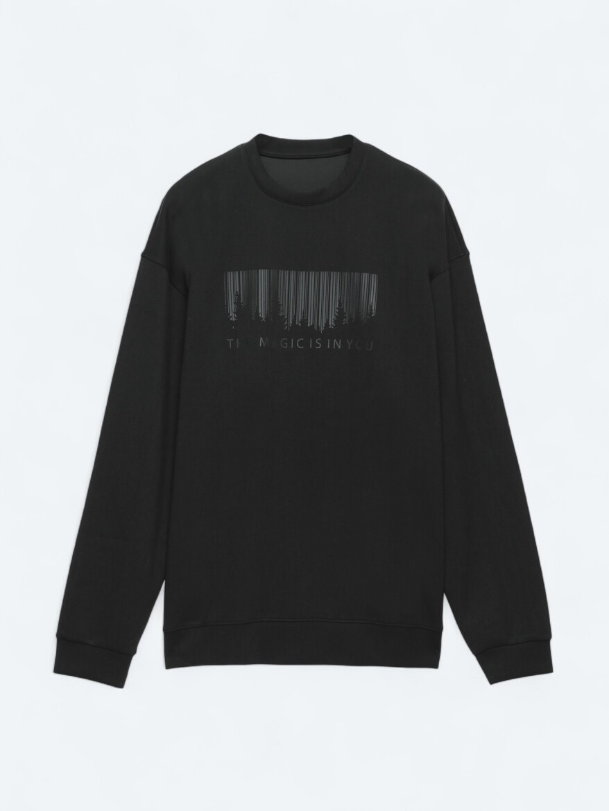 Siyah Bisiklet Yaka Baskılı Sweatshırt - 7