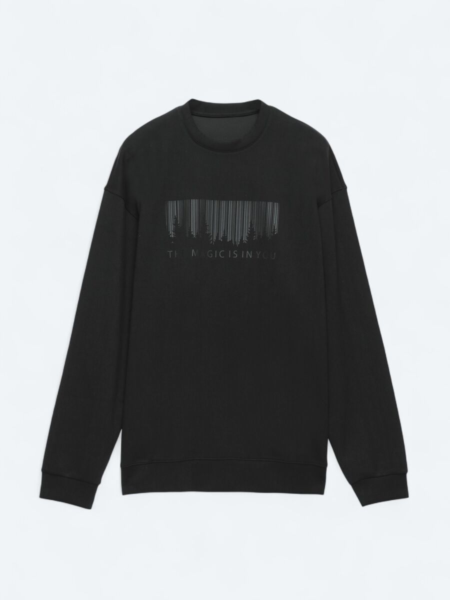 Siyah Bisiklet Yaka Baskılı Sweatshırt - 7