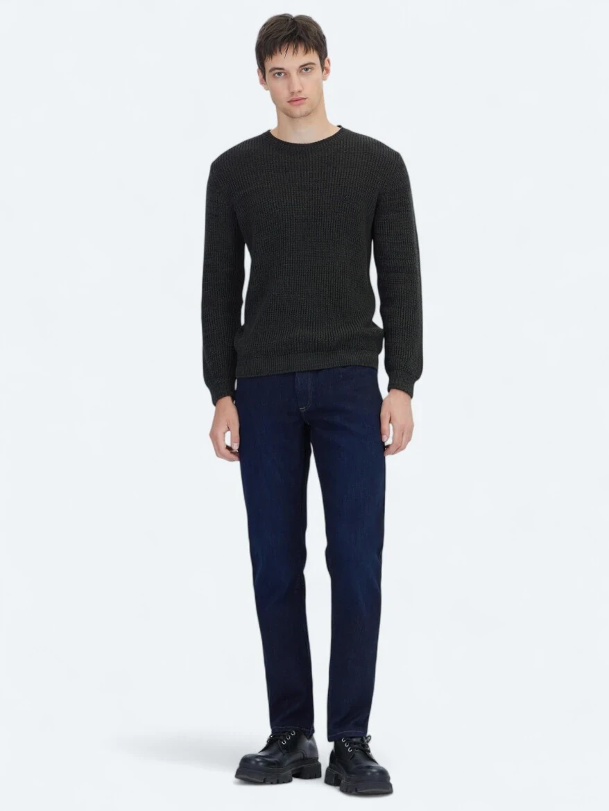 Siyah Bisiklet Yaka Desenli Pamuk Karışımlı Triko Kazak - KİP