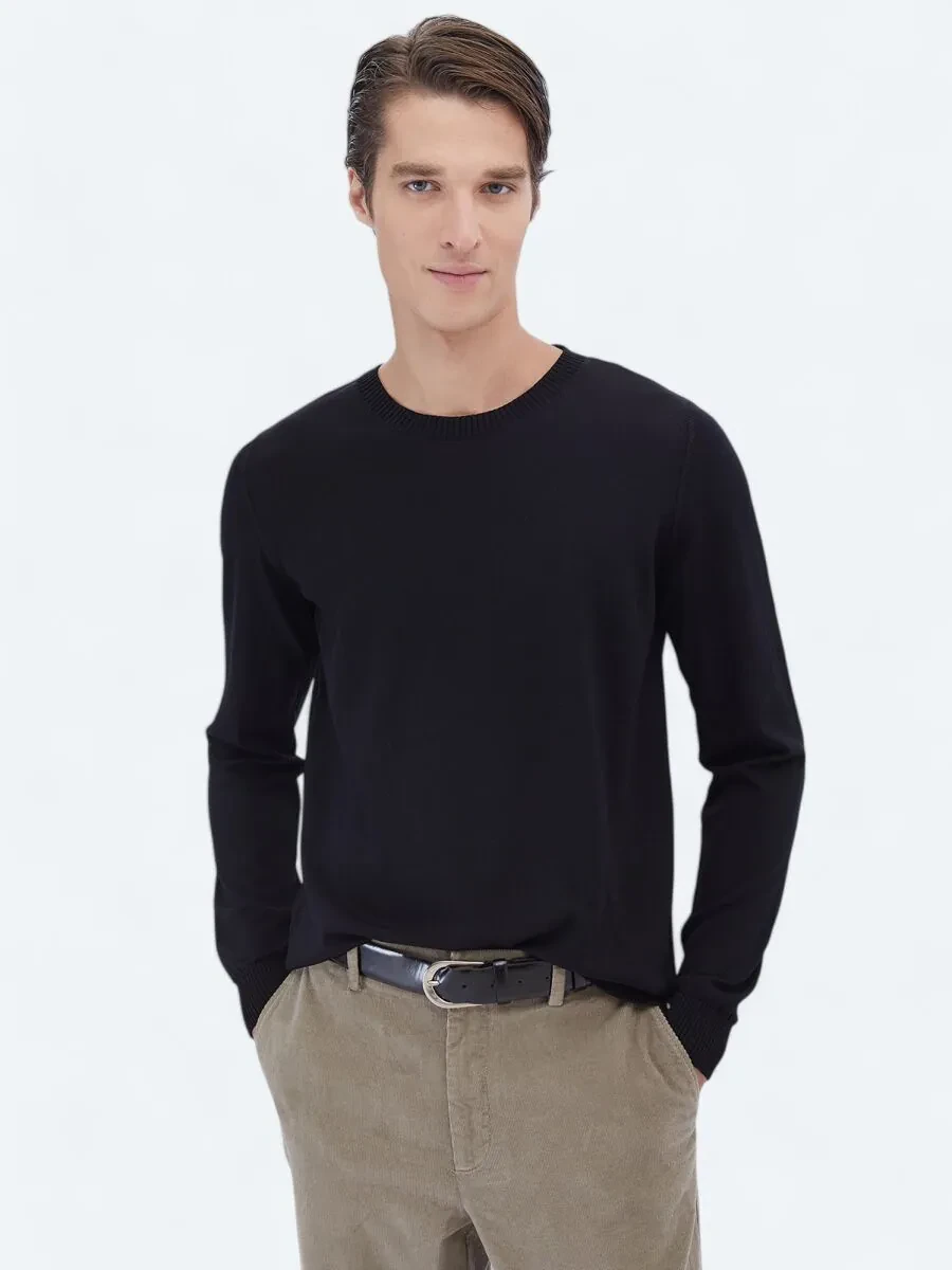 Siyah Bisiklet Yaka Düz Örgü Triko Kazak - 1