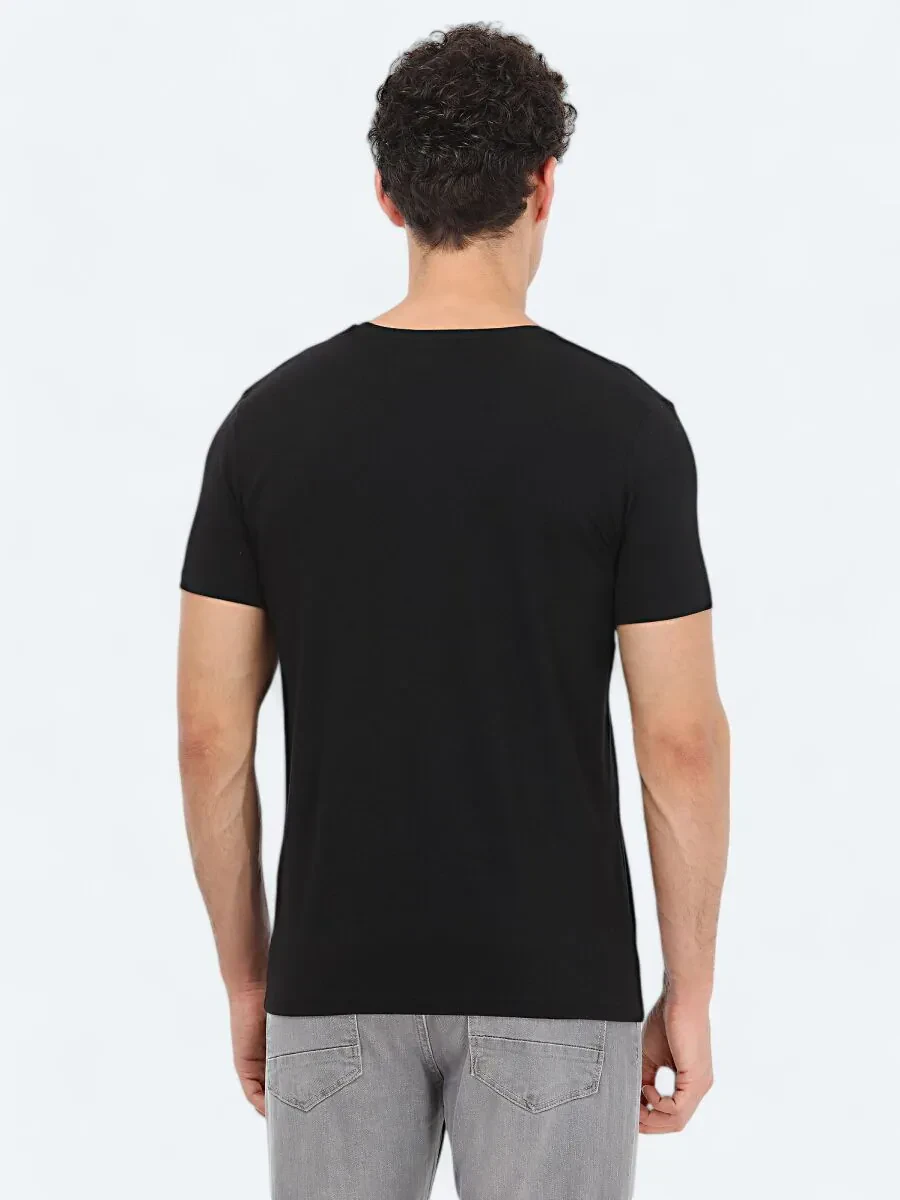 Siyah Bisiklet Yaka Pamuk Karışımlı T-Shirt - 4