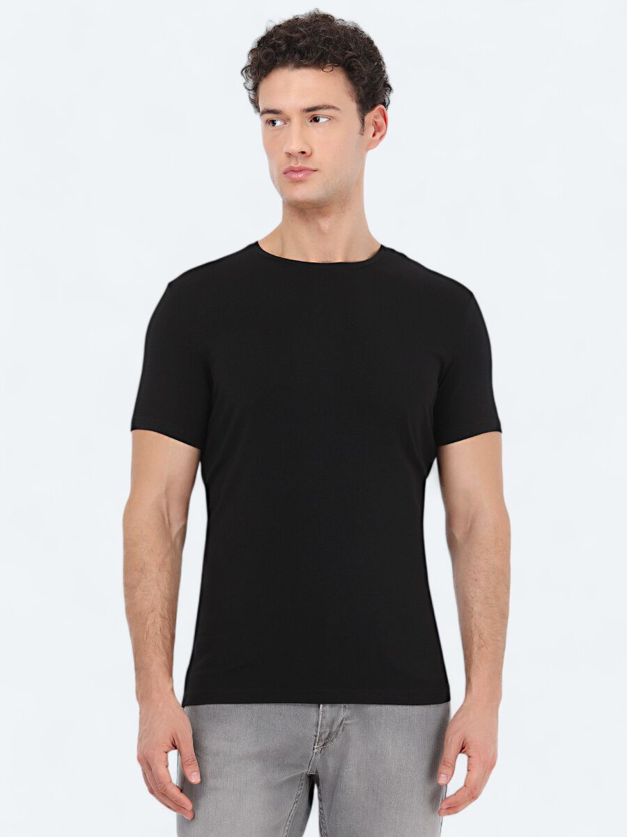 Siyah Bisiklet Yaka Pamuk Karışımlı T-Shirt - 1