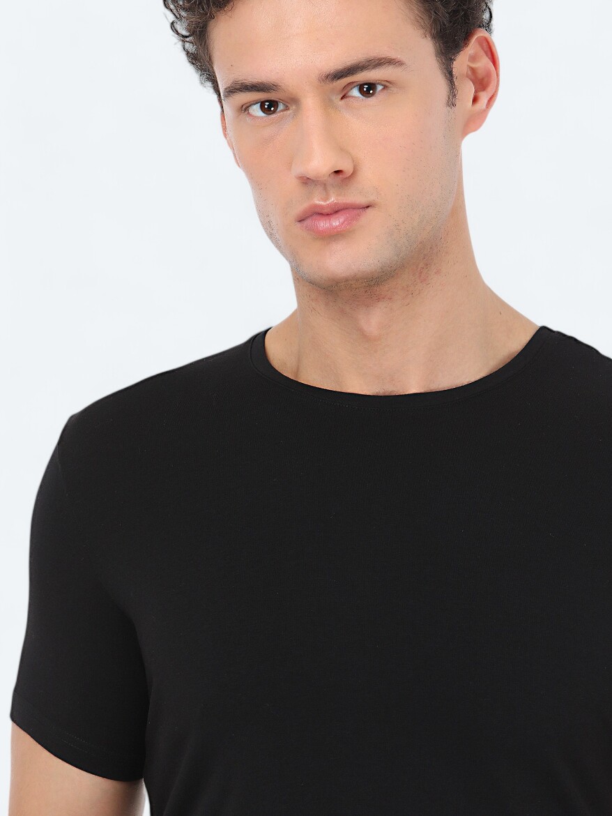 Siyah Bisiklet Yaka Pamuk Karışımlı T-Shirt - 3