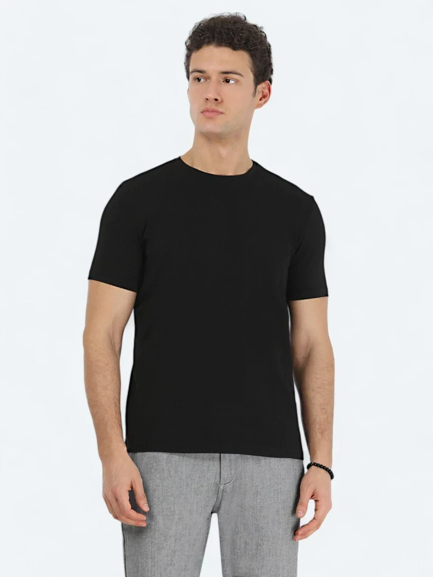 Siyah Bisiklet Yaka Pamuk Karışımlı T-Shirt - 1