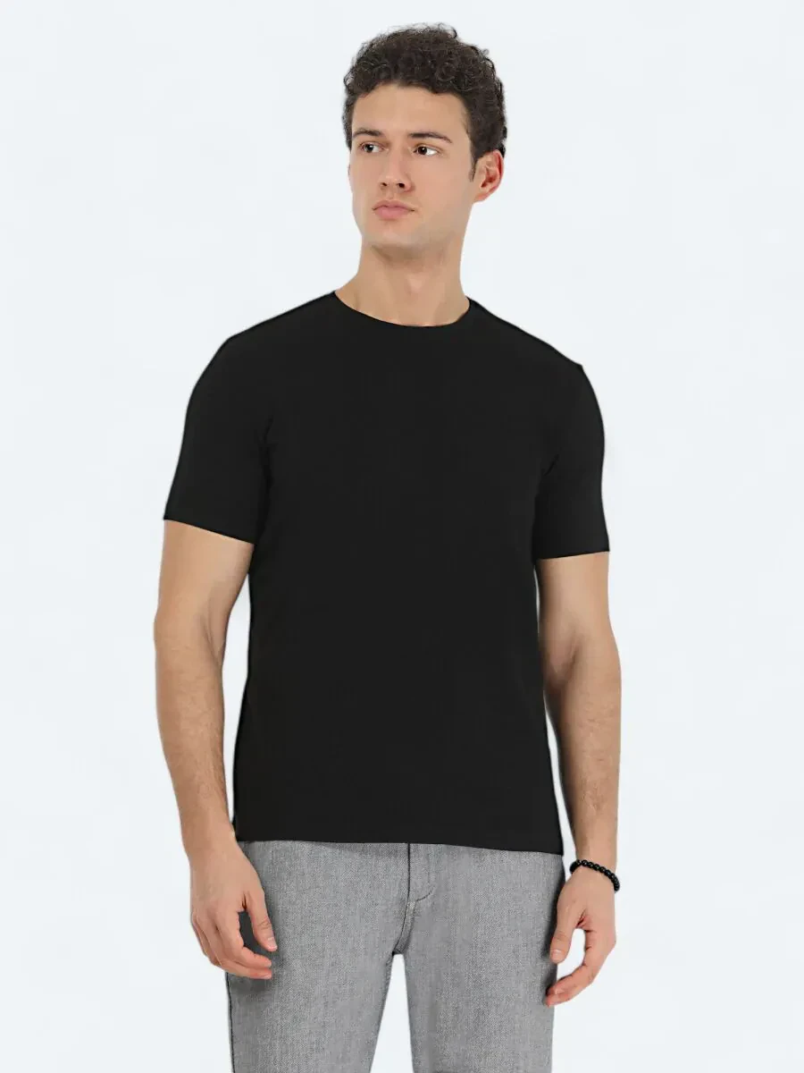 Siyah Bisiklet Yaka Pamuk Karışımlı T-Shirt - 1