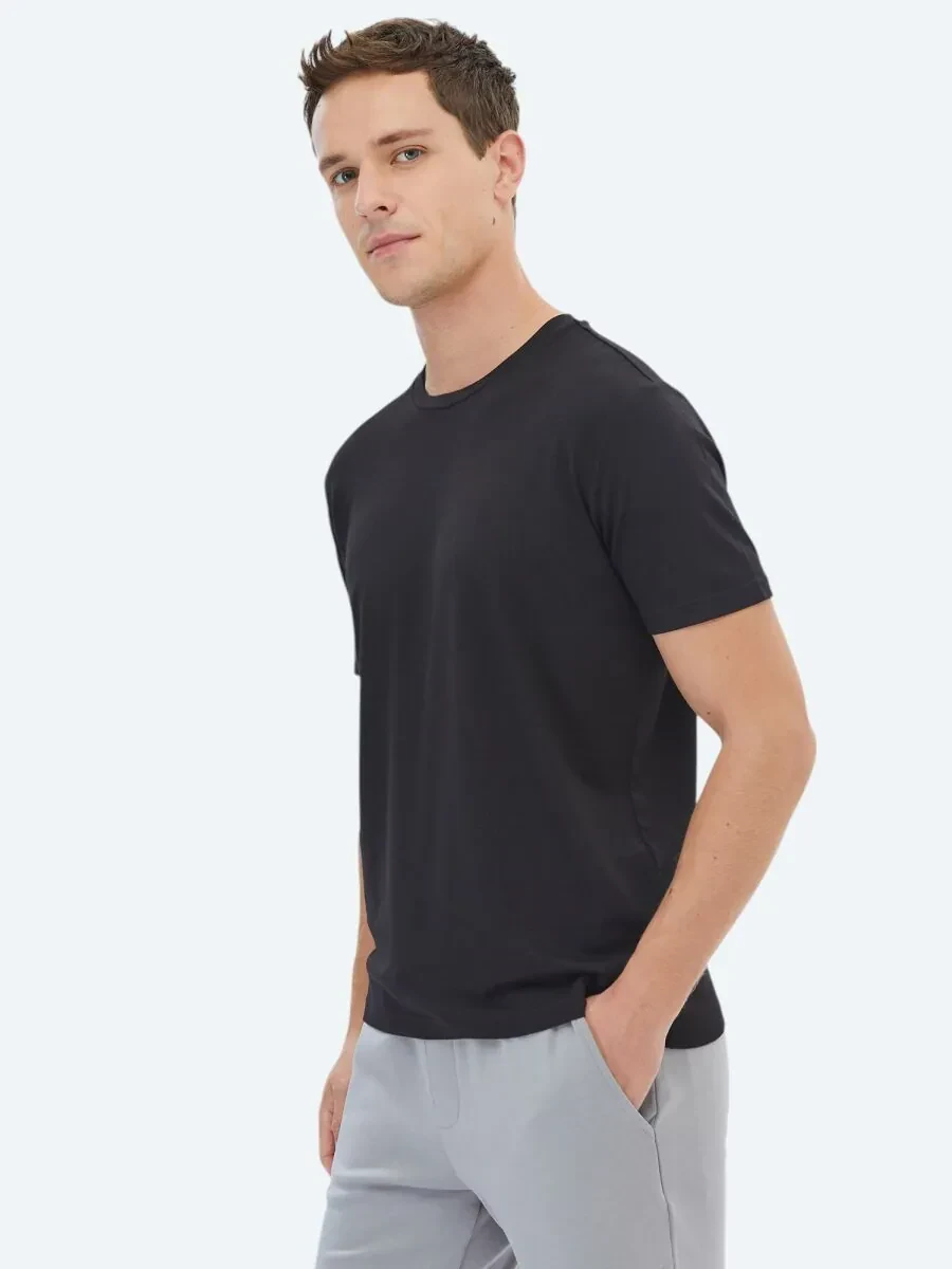Siyah Bisiklet Yaka Pamuk Karışımlı T-Shirt - 1
