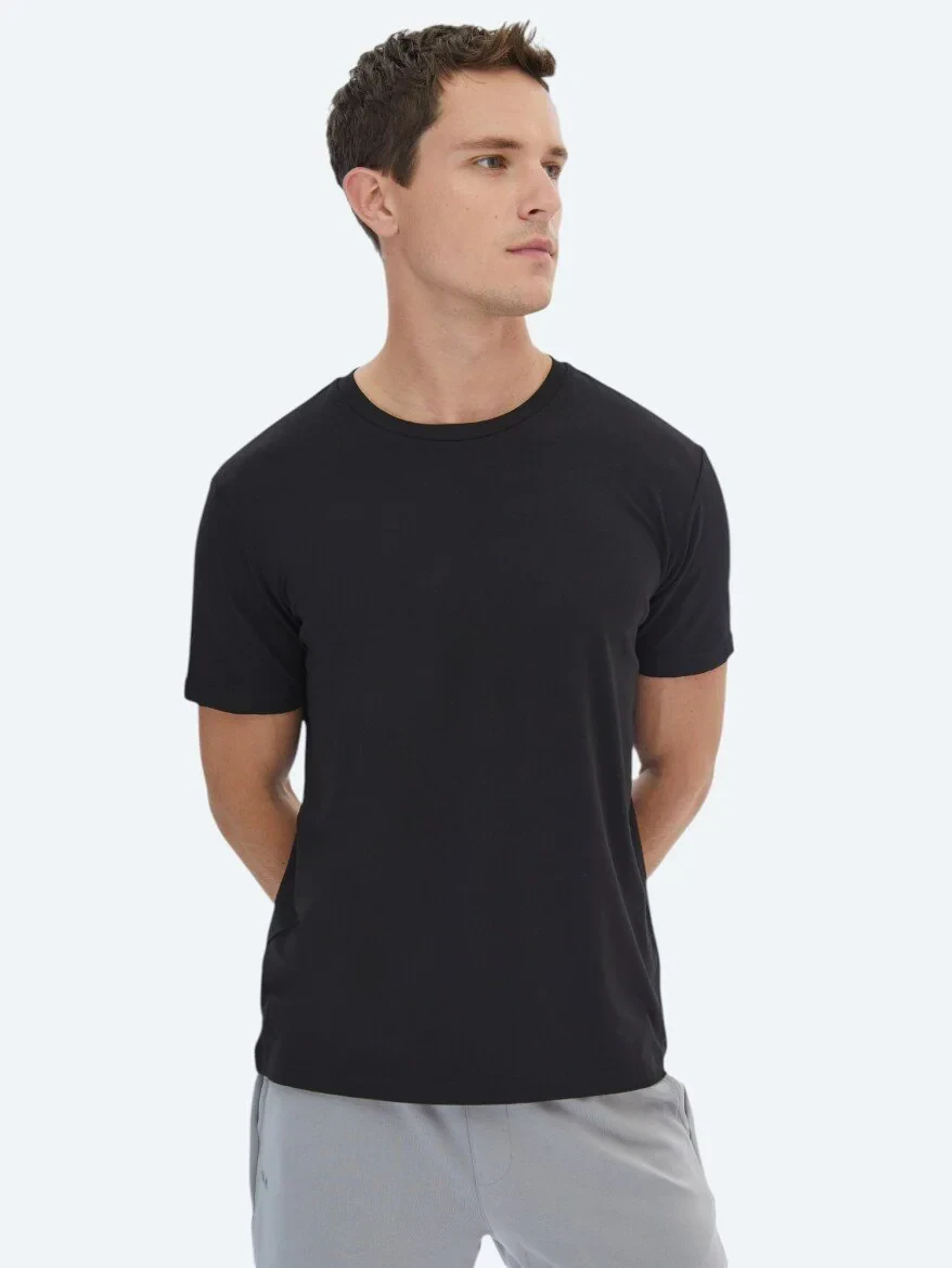Siyah Bisiklet Yaka Pamuk Karışımlı T-Shirt - 3