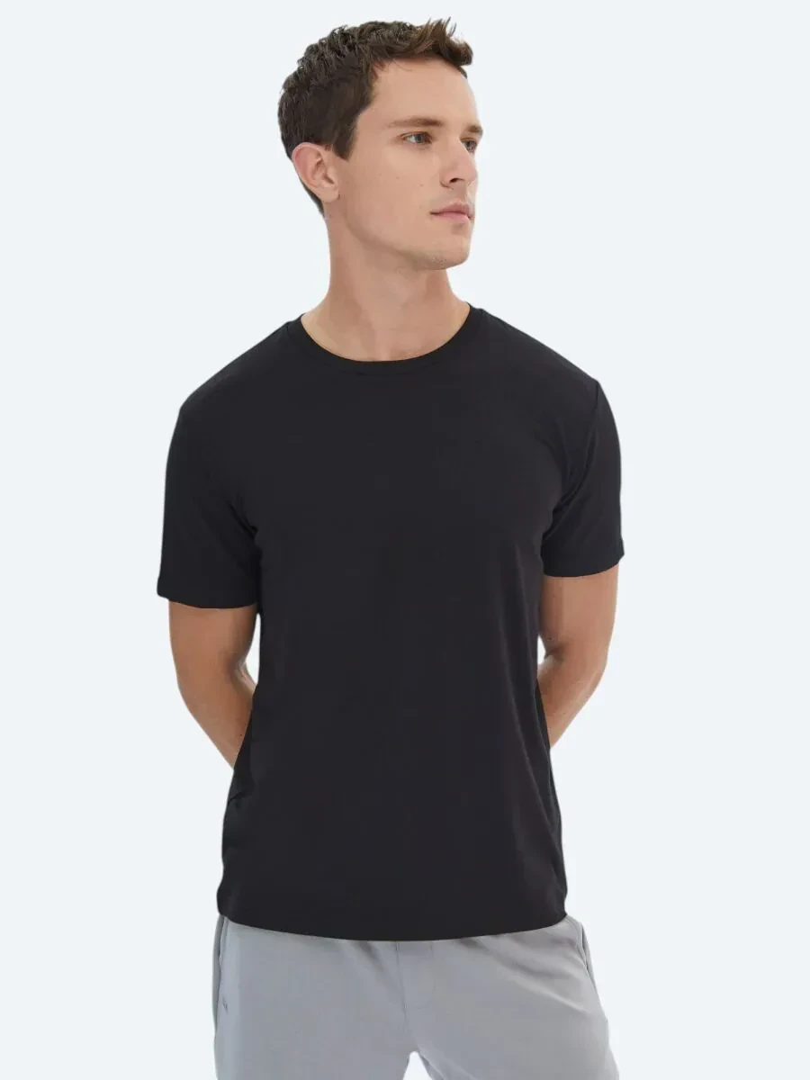 Siyah Bisiklet Yaka Pamuk Karışımlı T-Shirt - 3
