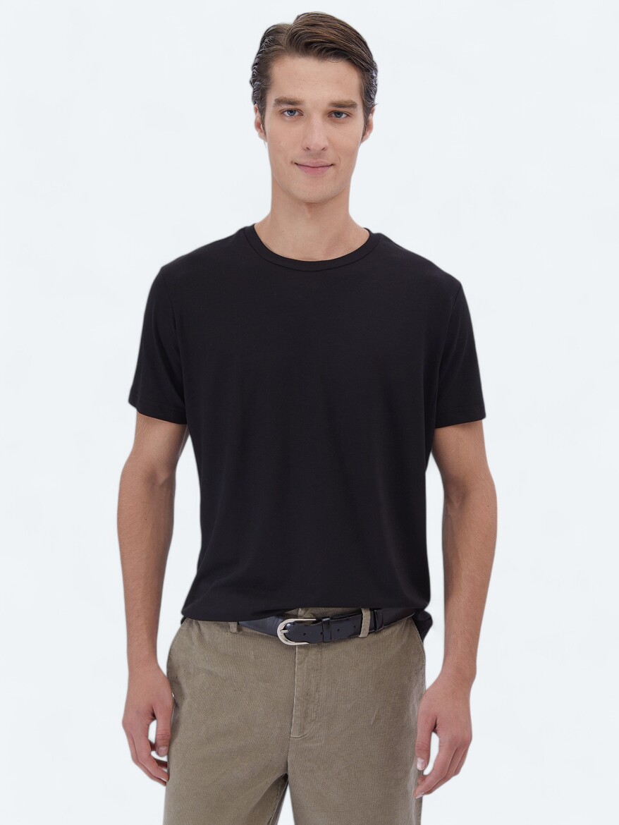 Siyah Bisiklet Yaka Pamuk Karışımlı T-Shirt - 1