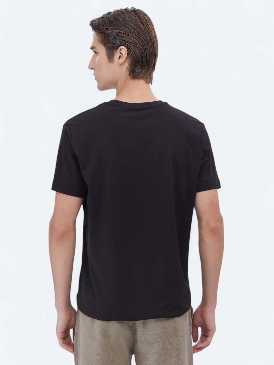 Siyah Bisiklet Yaka Pamuk Karışımlı T-Shirt - 6
