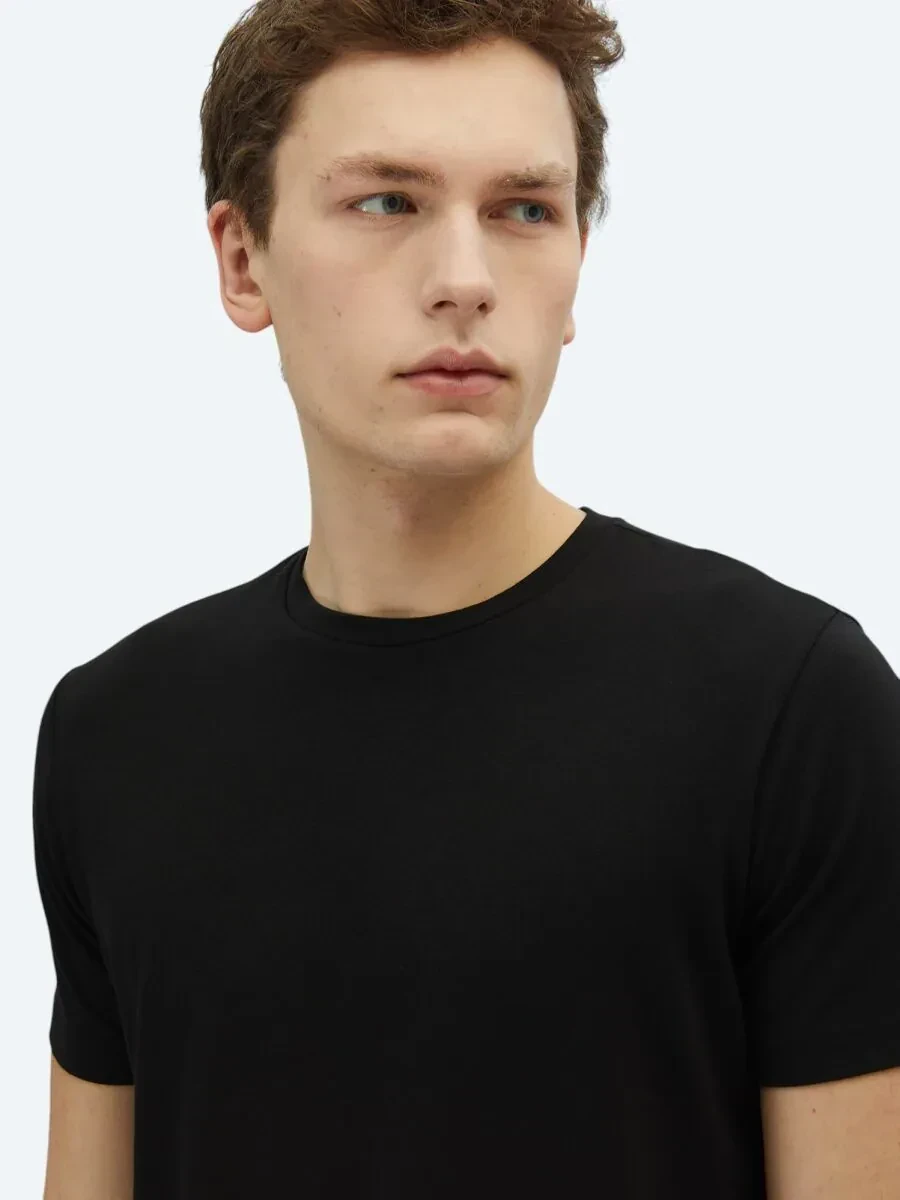 Siyah Bisiklet Yaka Pamuk Karışımlı T-Shirt - 3