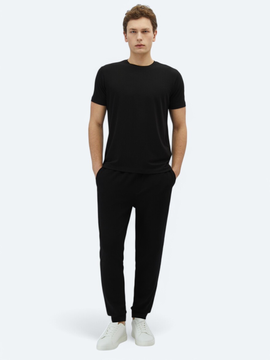 Siyah Bisiklet Yaka Pamuk Karışımlı T-Shirt - 2