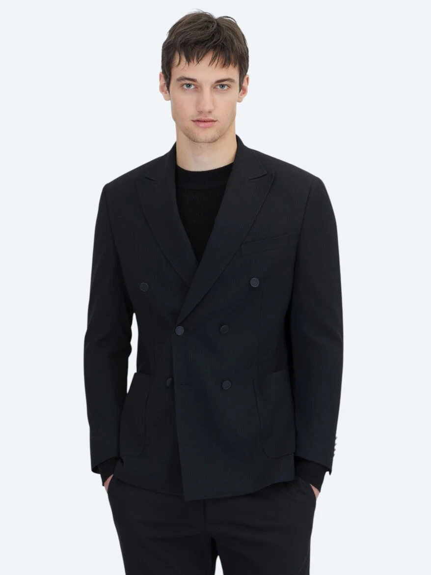 Siyah Çizgili Comfort Fit Ceket - 1