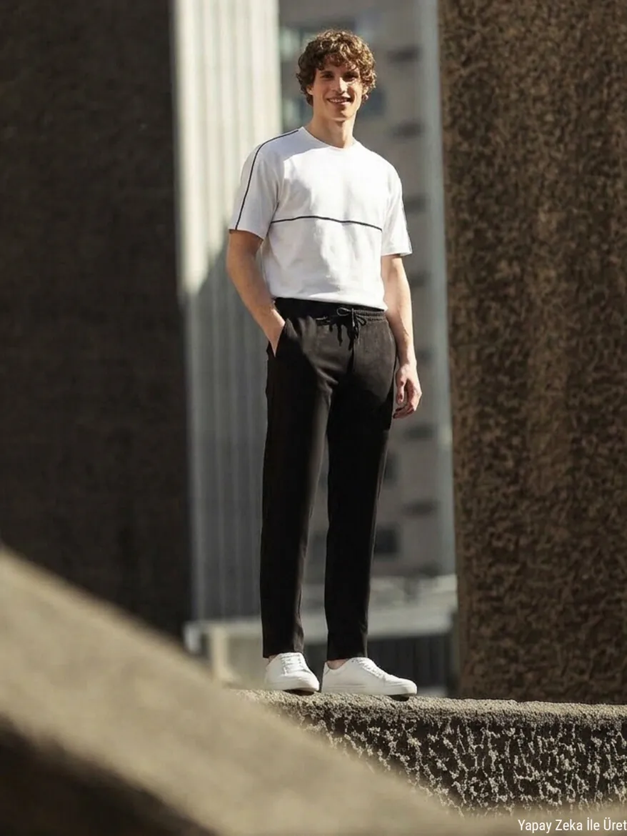 Siyah Çizgili Dokuma Jogging Fit Casual Pantolon - KİP