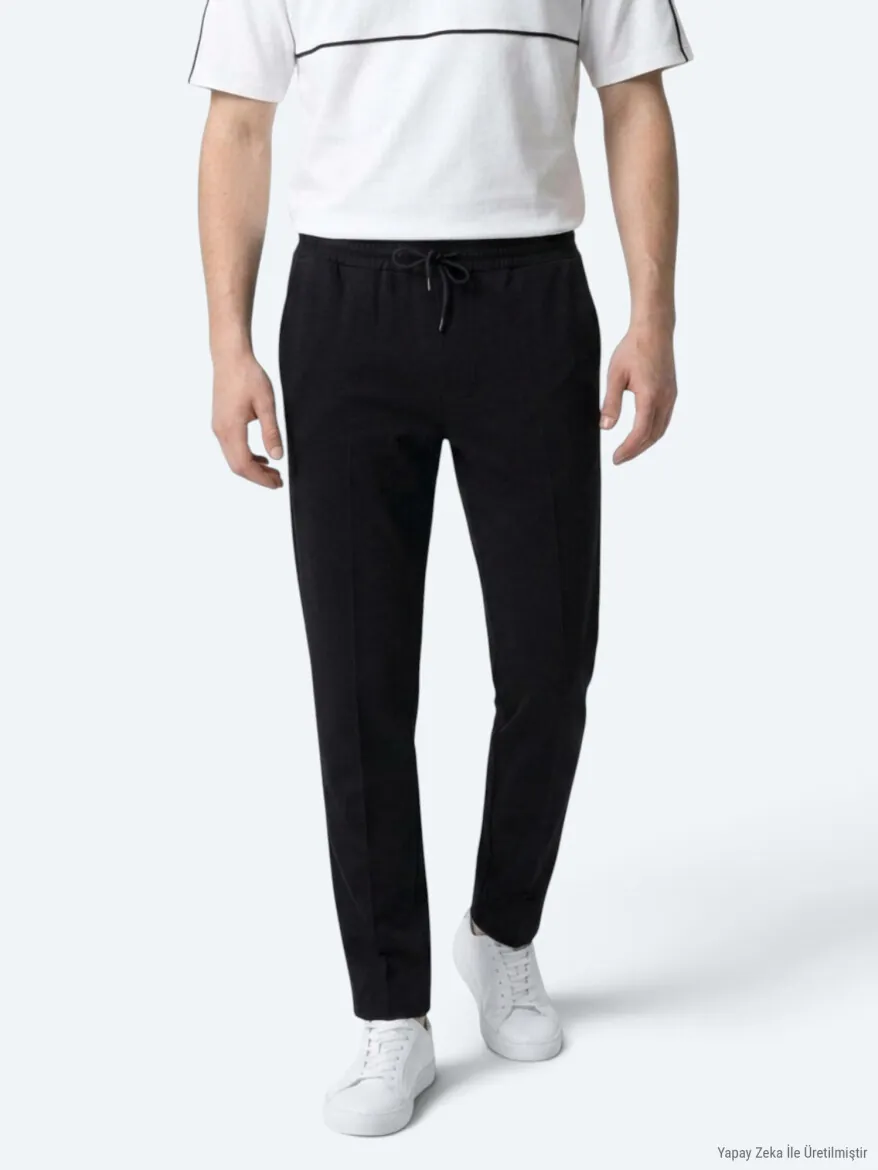 Siyah Çizgili Dokuma Jogging Fit Casual Pantolon - 3