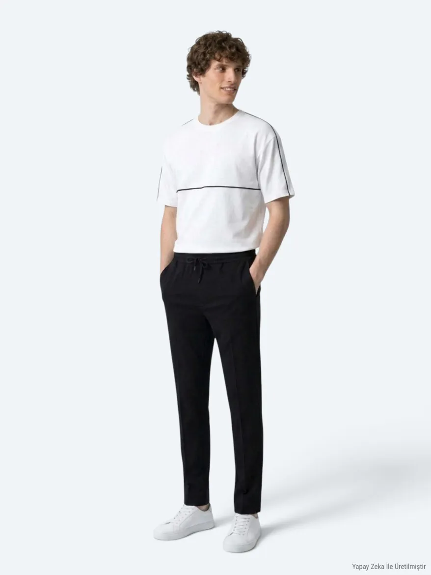Siyah Çizgili Dokuma Jogging Fit Casual Pantolon - 4
