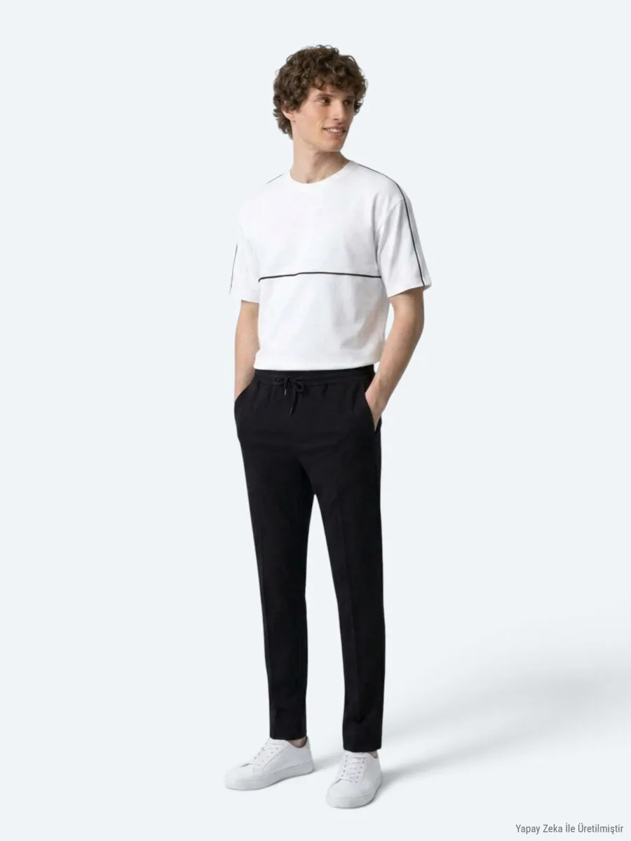 Siyah Çizgili Dokuma Jogging Fit Casual Pantolon - 4
