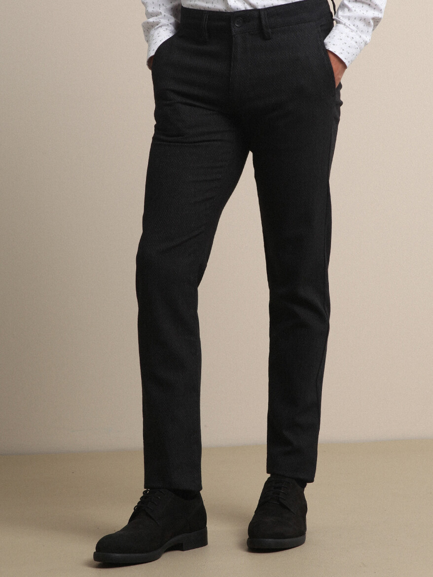 Siyah Çizgili Dokuma Slim Fit Smart Casual Pamuk Karışımlı Pantolon - 2