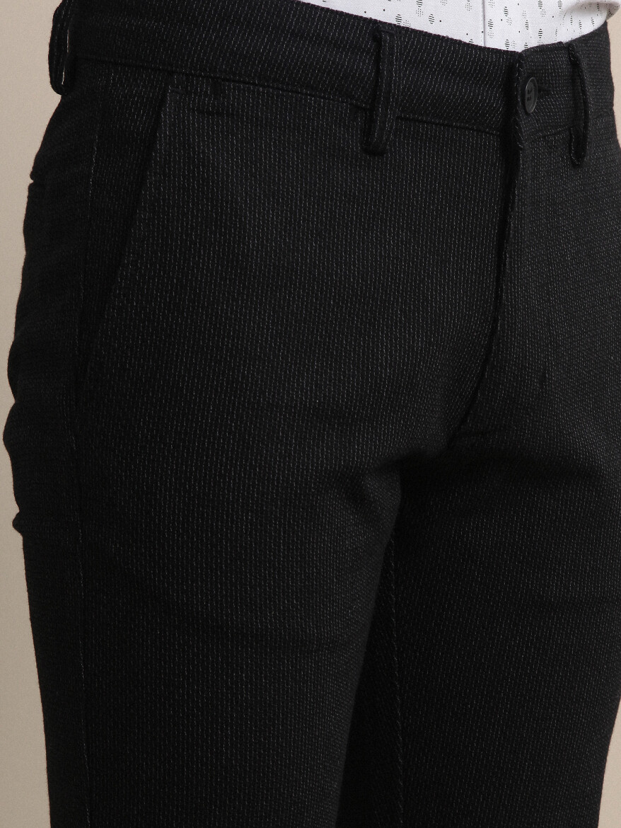 Siyah Çizgili Dokuma Slim Fit Smart Casual Pamuk Karışımlı Pantolon - 3