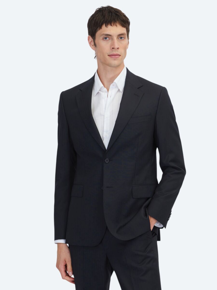 Siyah Çizgili Modern Fit %100 Yün Takım Elbise - 1