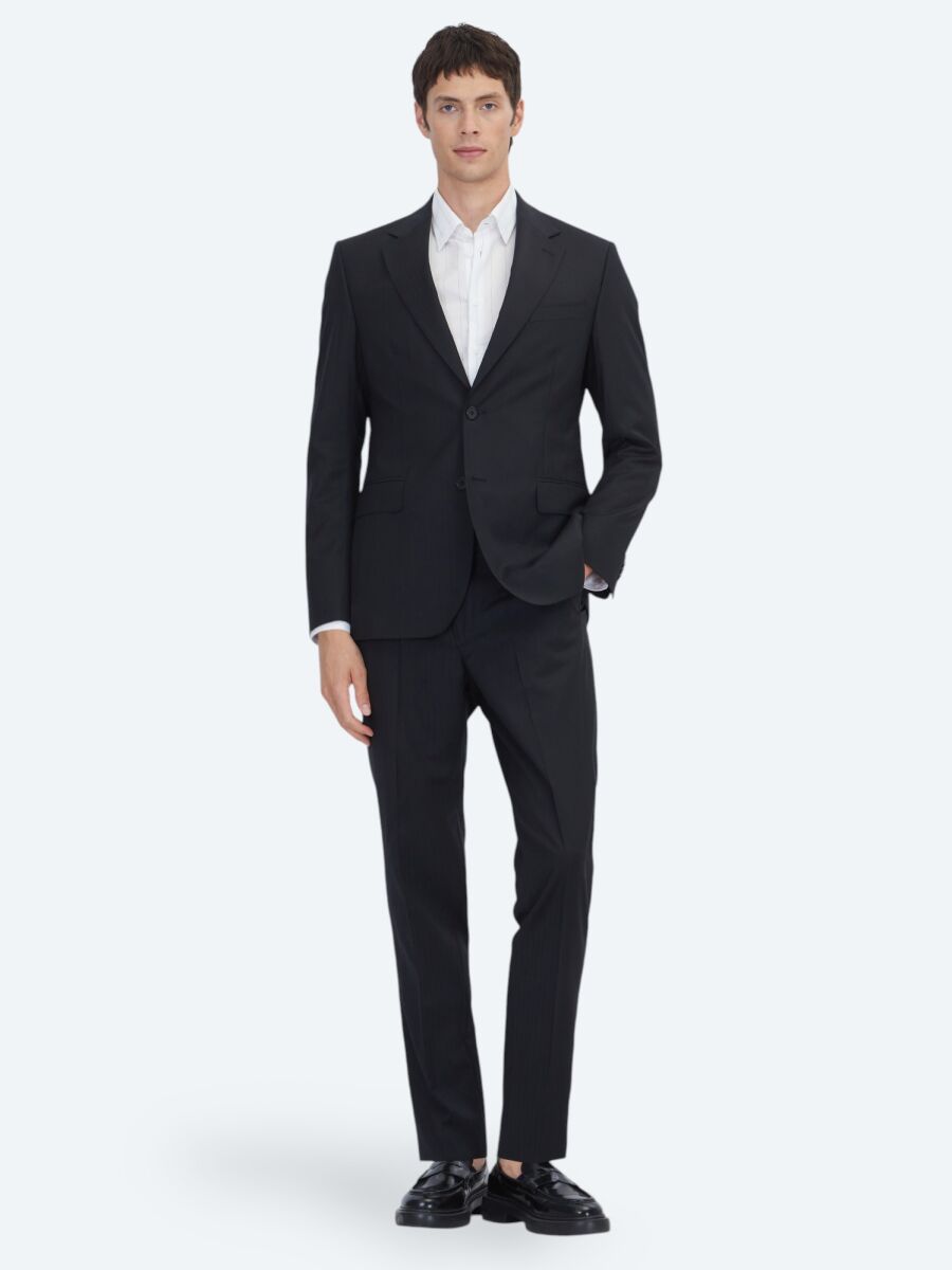 Siyah Çizgili Modern Fit %100 Yün Takım Elbise - 2