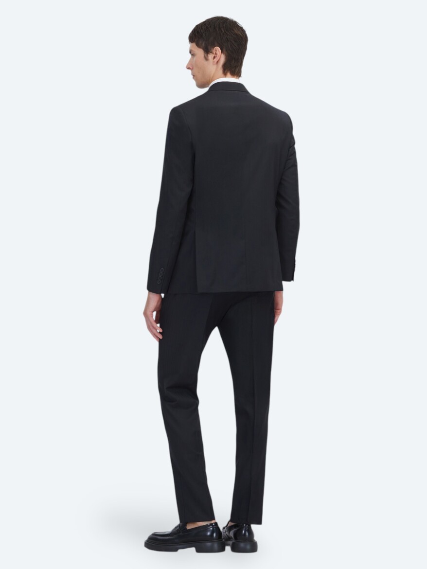 Siyah Çizgili Modern Fit %100 Yün Takım Elbise - 5
