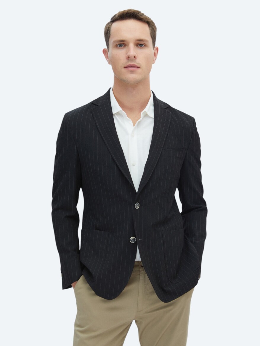 Siyah Çizgili Modern Fit Ceket - 1