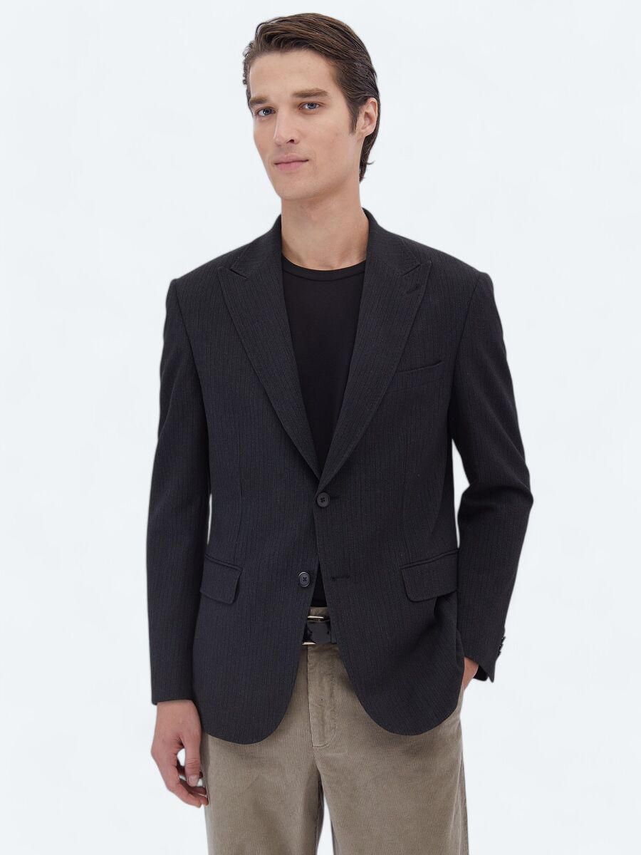 Siyah Çizgili Modern Fit Ceket - 1