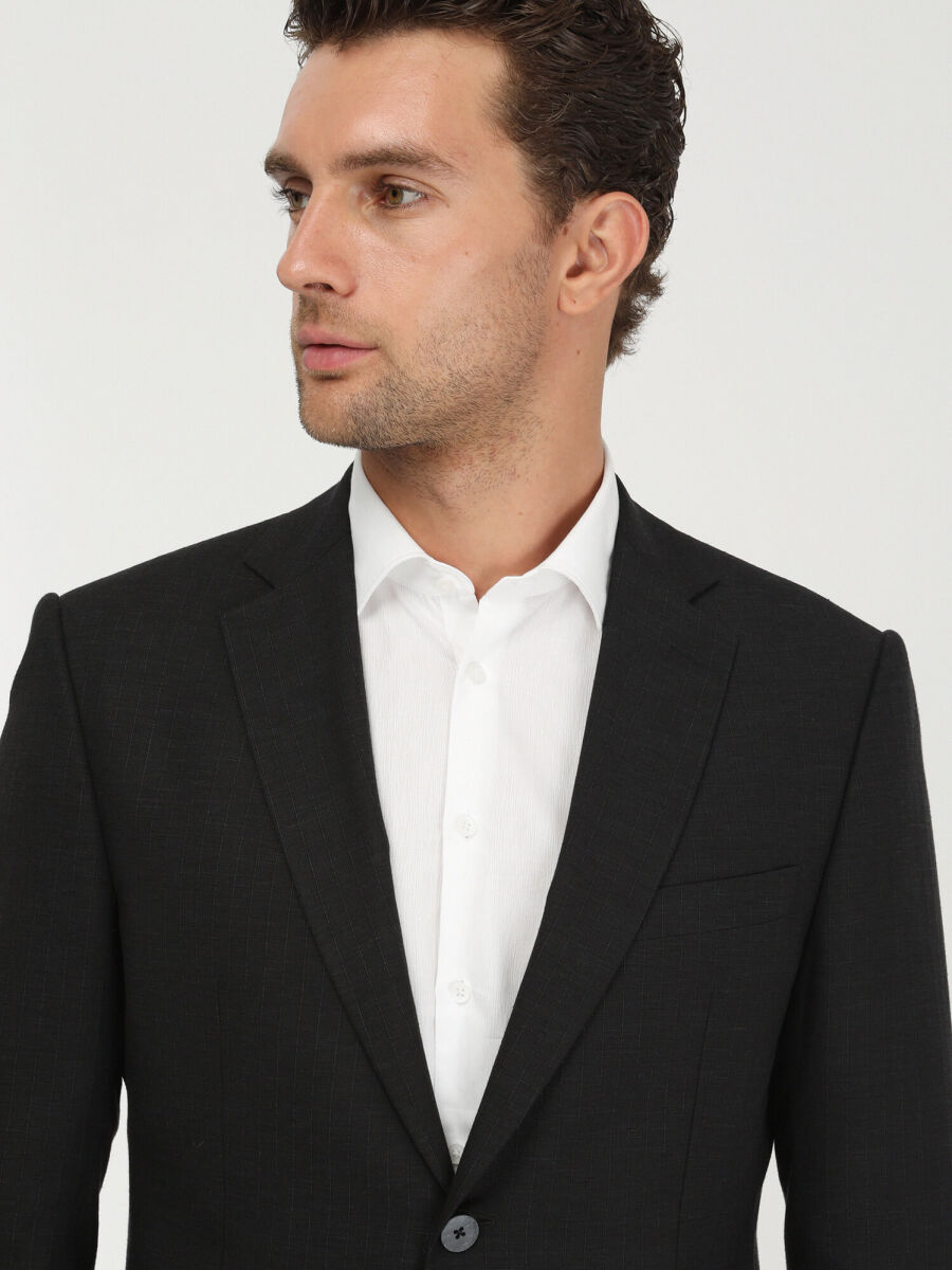 Siyah Çizgili Modern Fit Keten Karışımlı Takım Elbise - 3