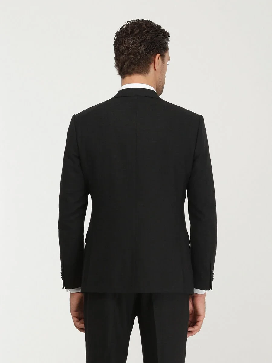 Siyah Çizgili Modern Fit Keten Karışımlı Takım Elbise - 6