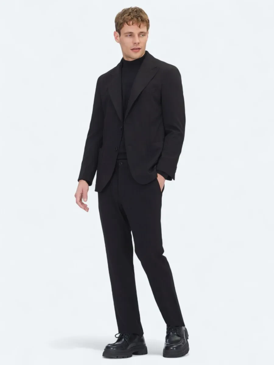 Siyah Çizgili Modern Fit Örme Takım Elbise - 3
