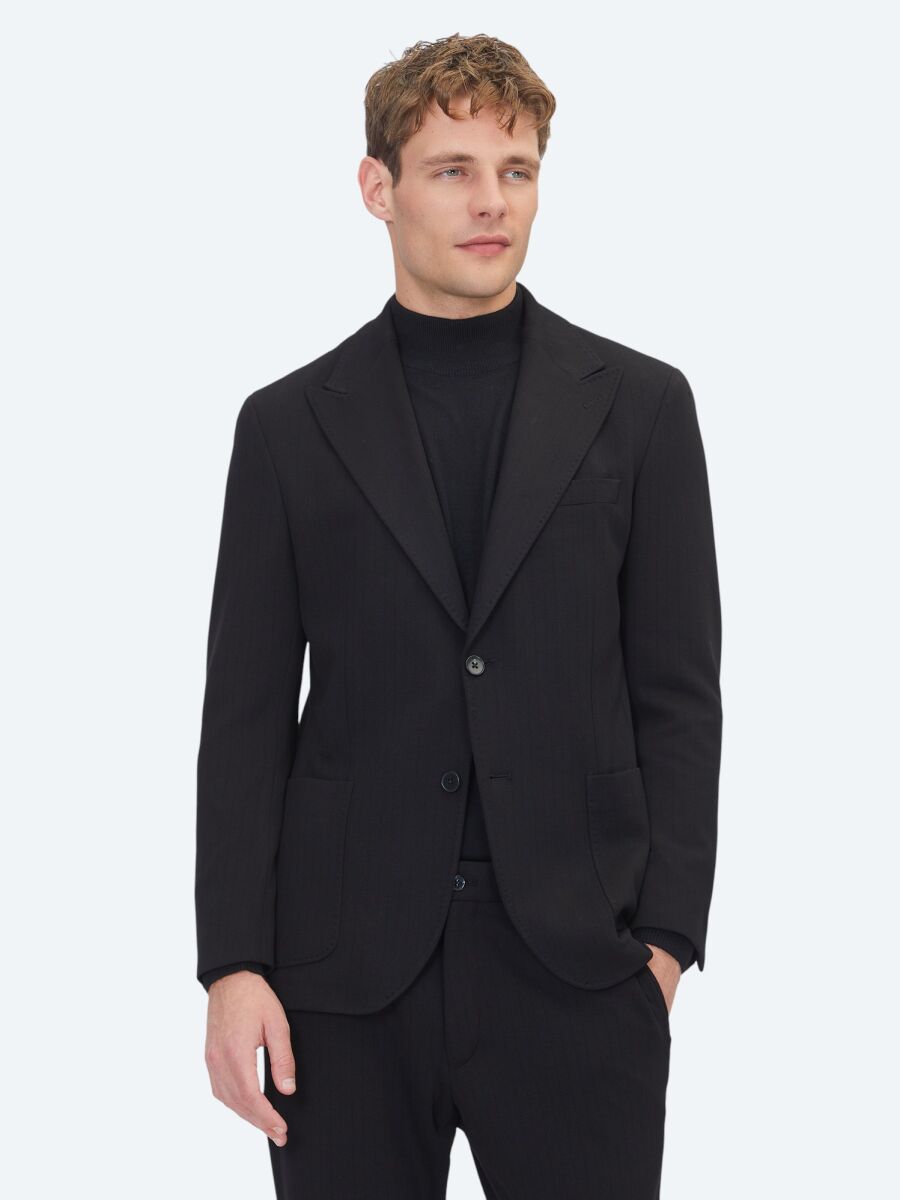 Siyah Çizgili Modern Fit Örme Takım Elbise - 2